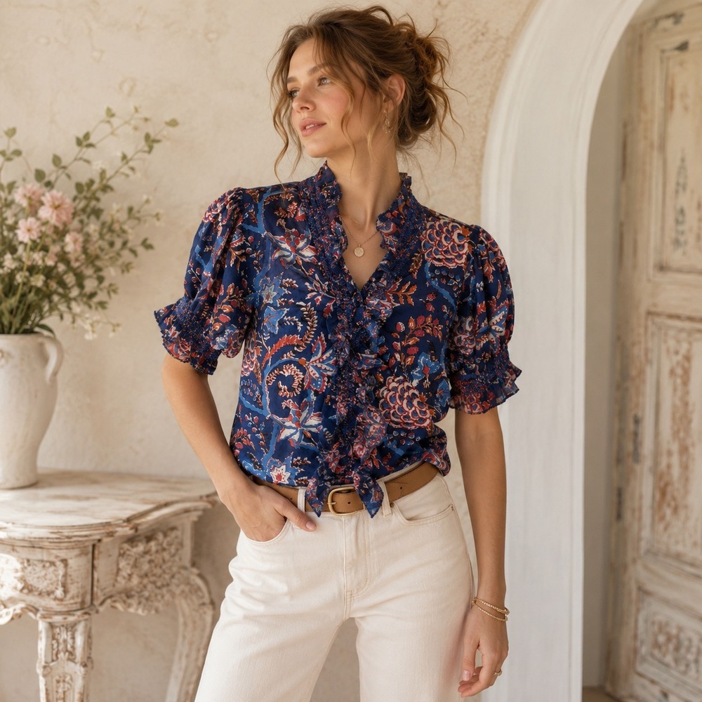 Fox & Hen Blouse Womens XS Blue Floral Cotton Ruffle Boho Cottagecore Romantic